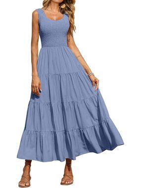 Women's Dress Maxi Grey Blue Polyester Scoop Neck Short Vacation Casual Summer
